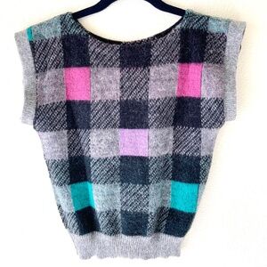 VINTAGE! Wool Mohair Plaid Sweater Womens Size Small Sleeveless Gray Cropped